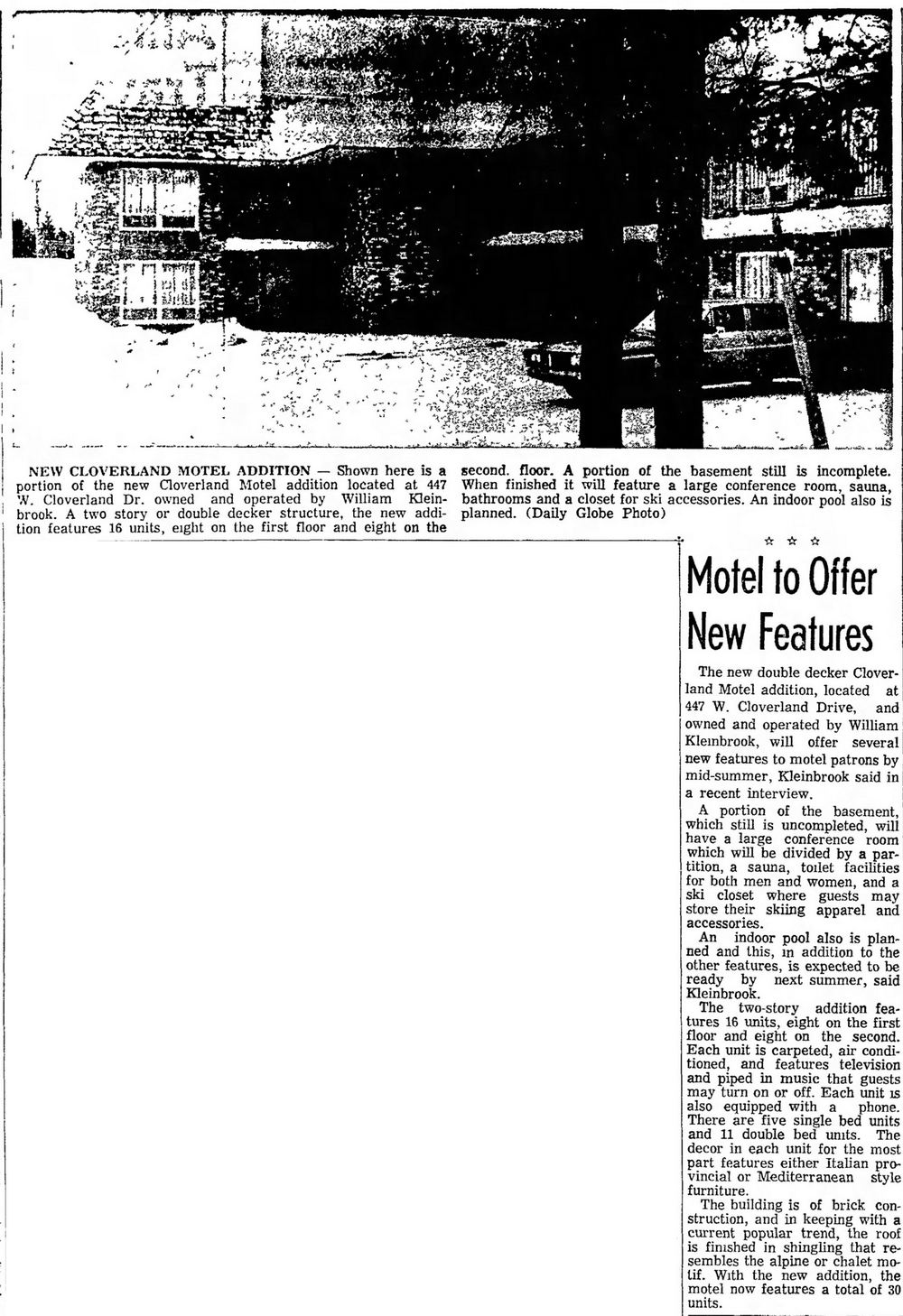 Budget Host Inn (Cloverland Court Motel, Cloverland Motel) - Feb 10 1969 Article On Expansion